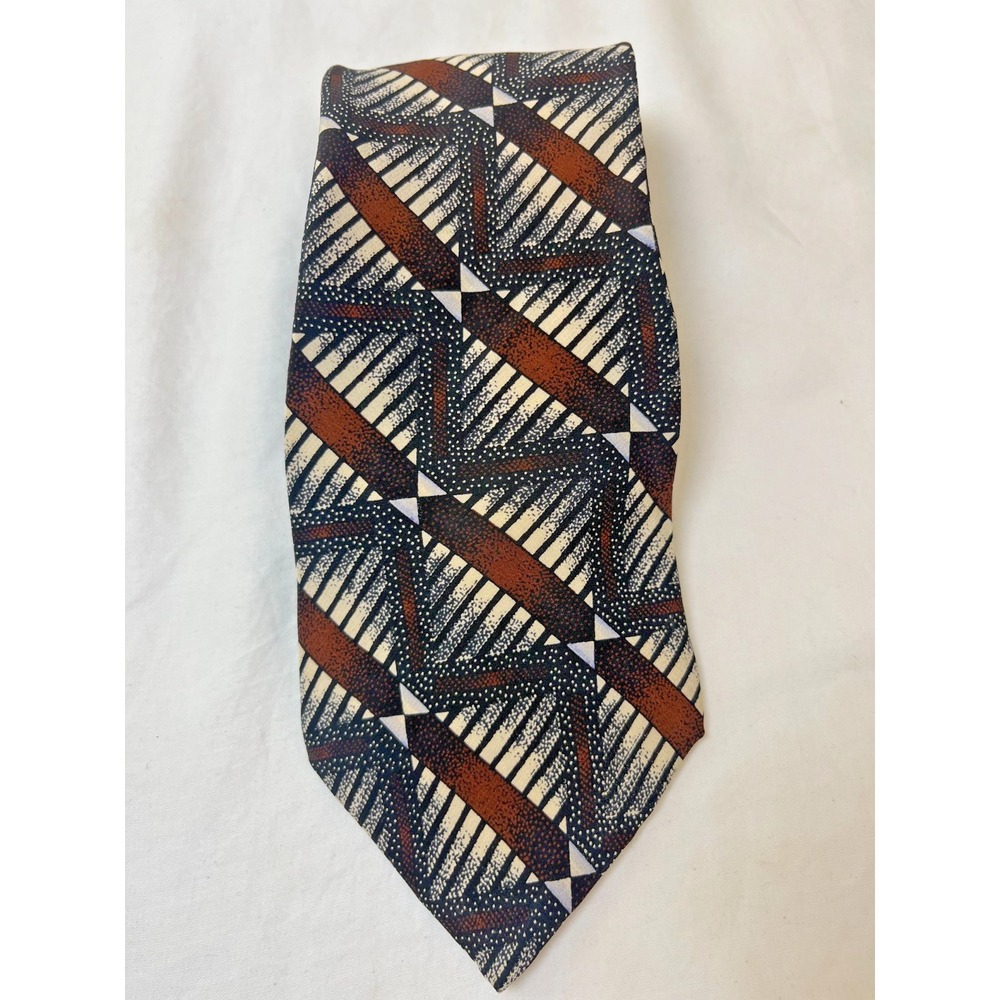 MBP Mens Silk Tie Geometric Abstract Pattern Brown Black Ivory Vintage‎